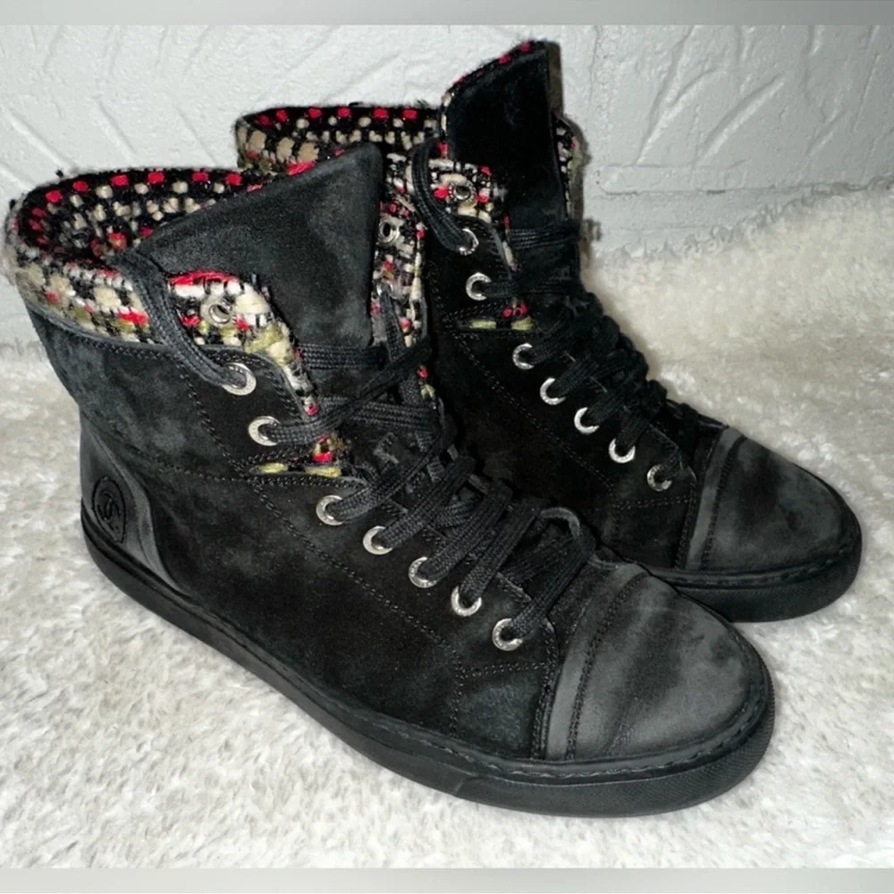 Chanel 15A Suede Leather Tweed High Top Black Sneakers Size 37
